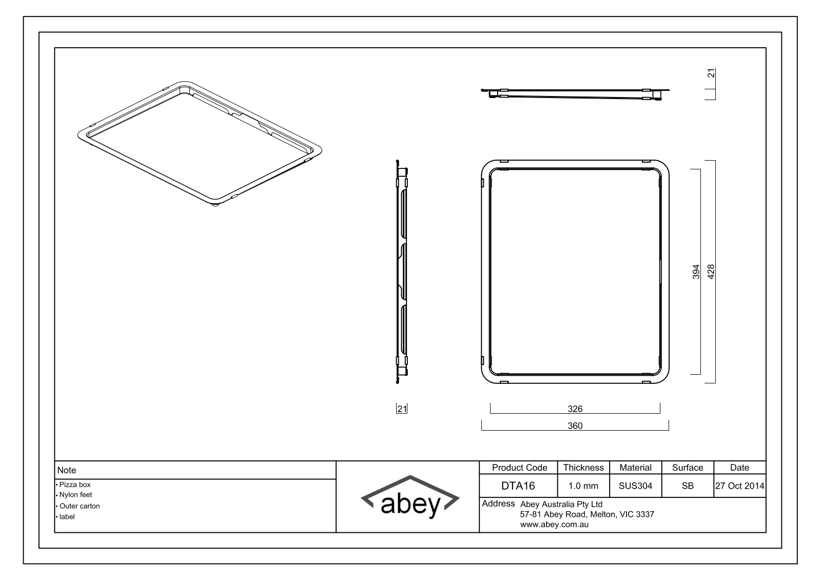 Abey DTA18-316, DTA16 Specifications Sheet - ManualMachine.com