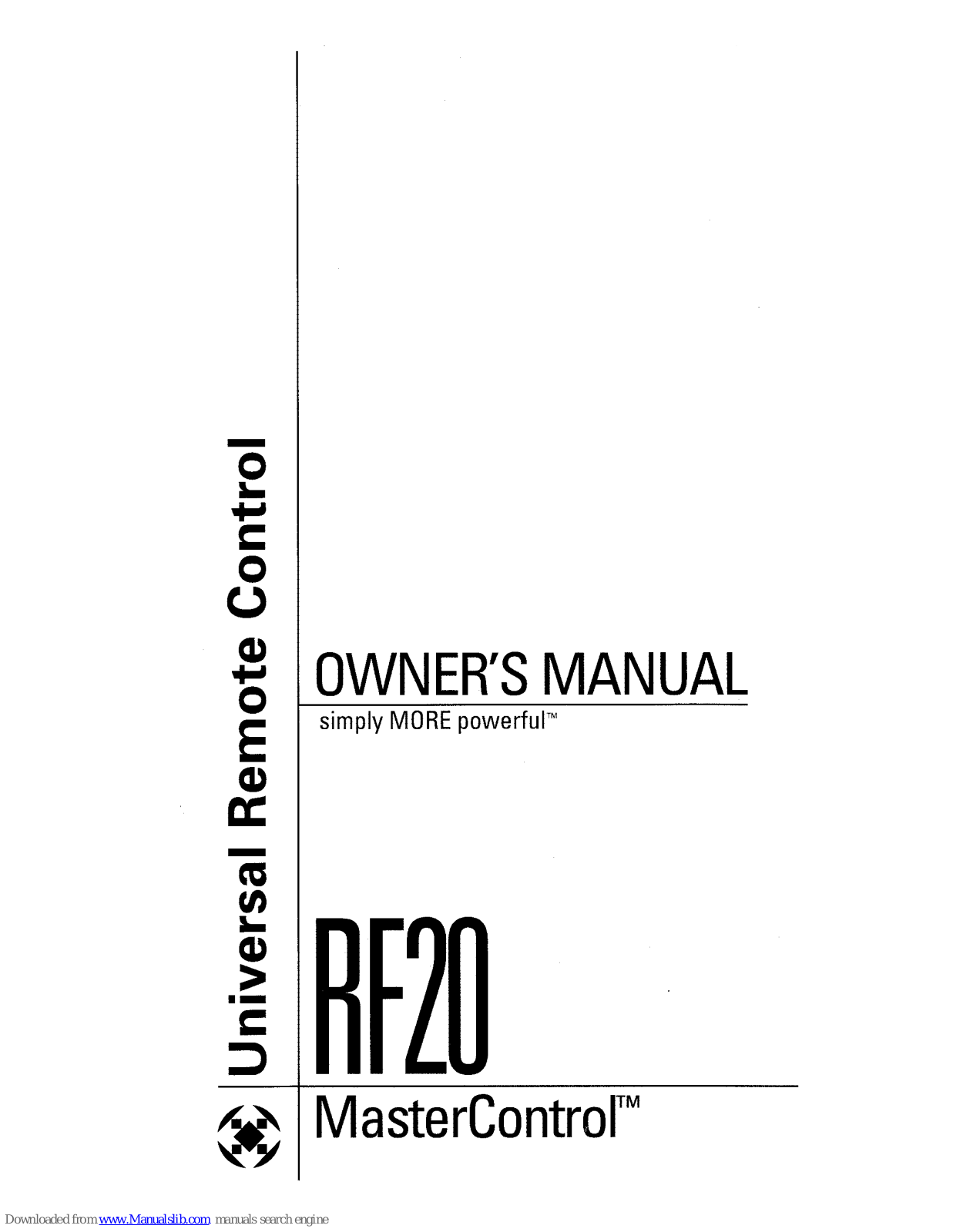 Universal Remote Control MasterControl RF20 Owner's Manual