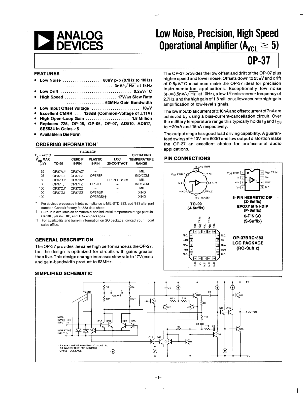 Analog Devices OP37 Datasheet