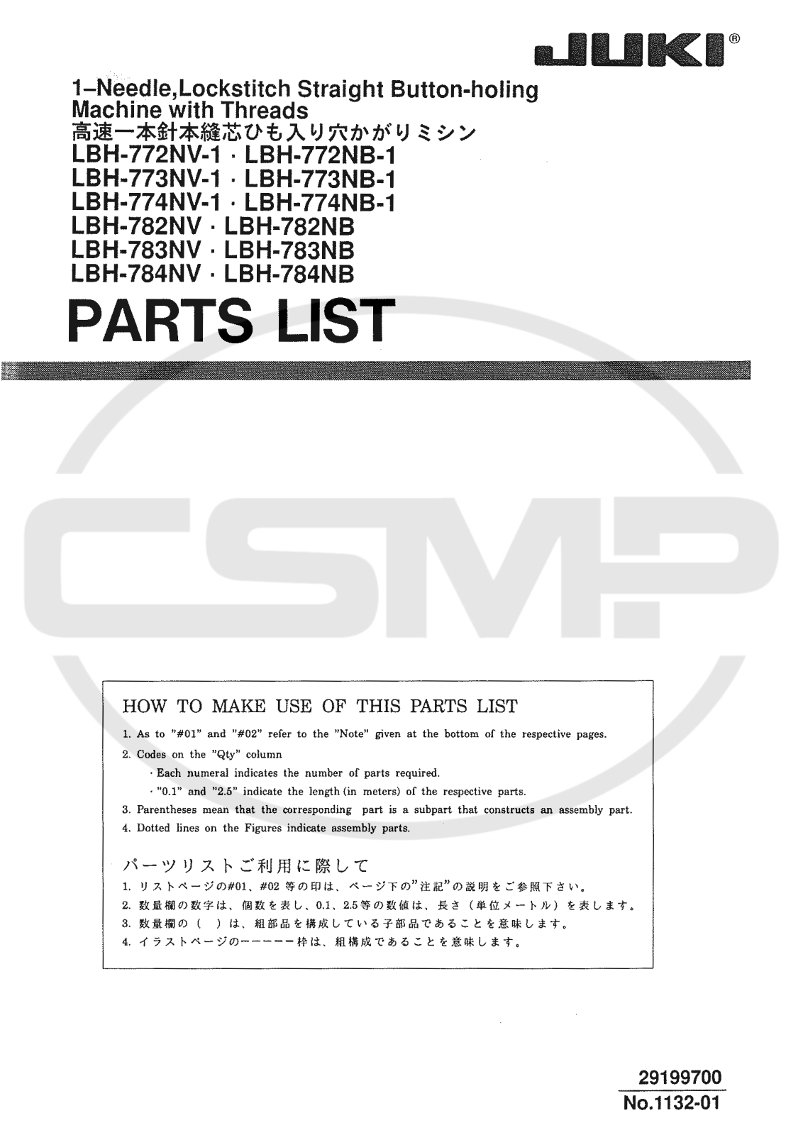 Juki LBH-772NV-1, LBH-773NV-1, LBH-774NV-1, LBH-782NV, LBH-784NV Parts Book