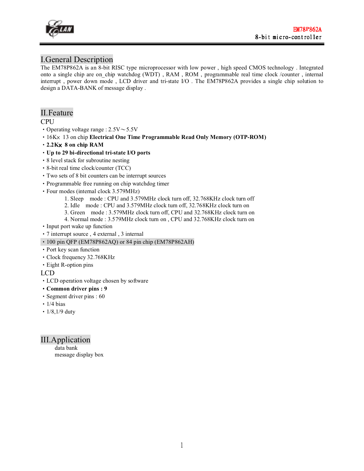 ELAN EM78P862A Datasheet