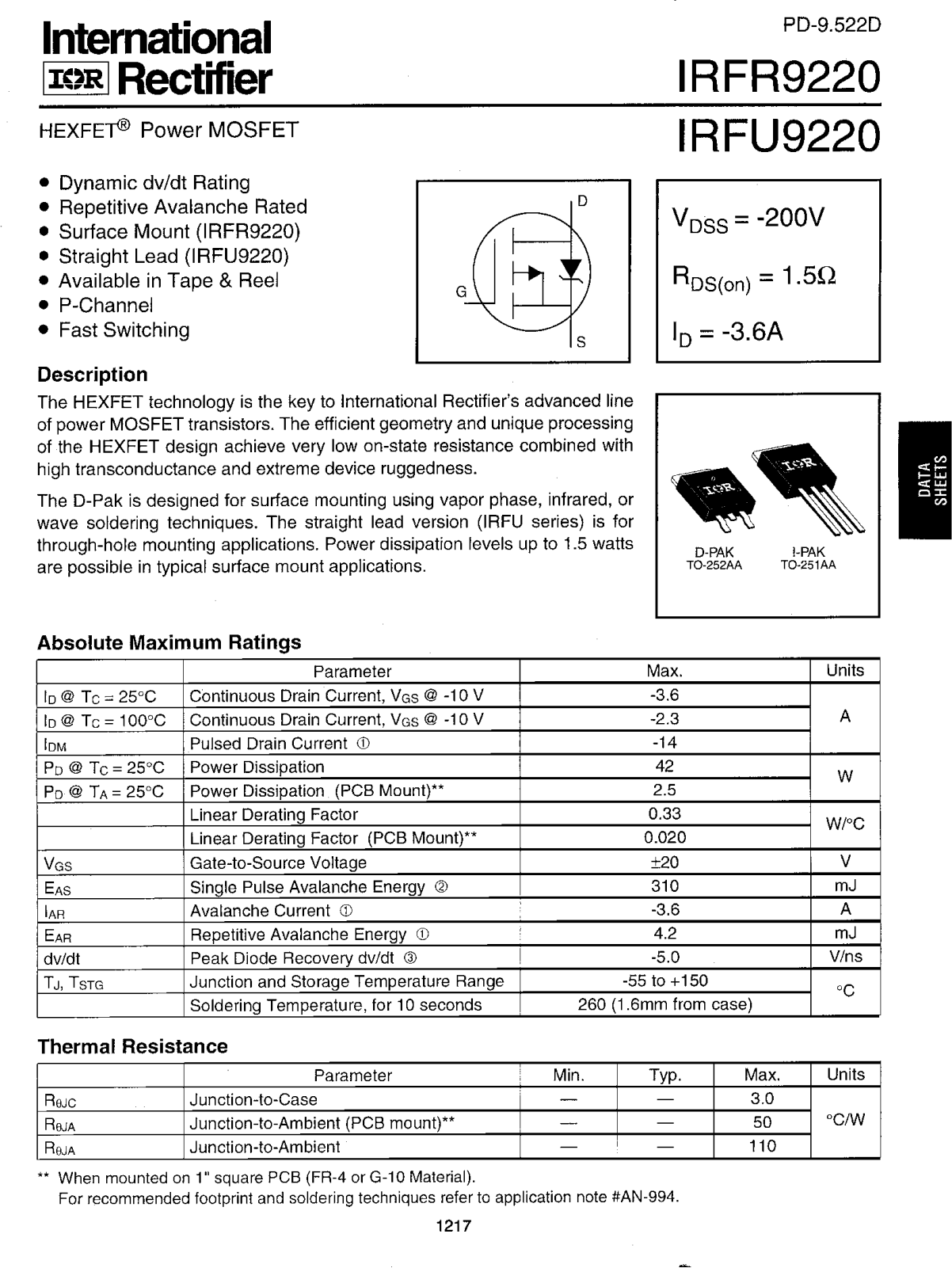 International Rectifier IRFR9220, IRFU9220 Datasheet