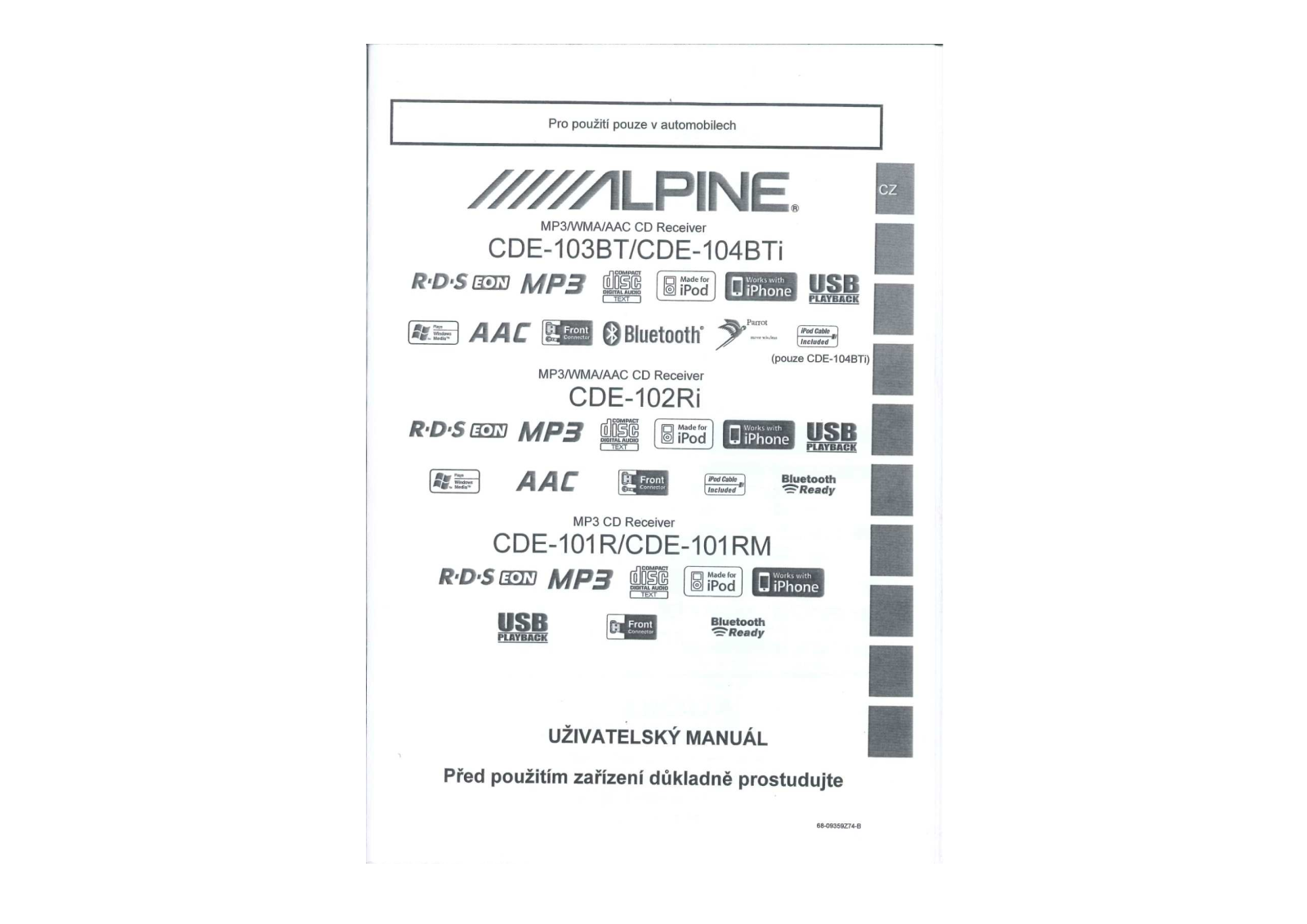 Alpine CDE-104BTI, CDE-101R, CDE-103BT, CDE-102RI, CDE-101RM User Manual