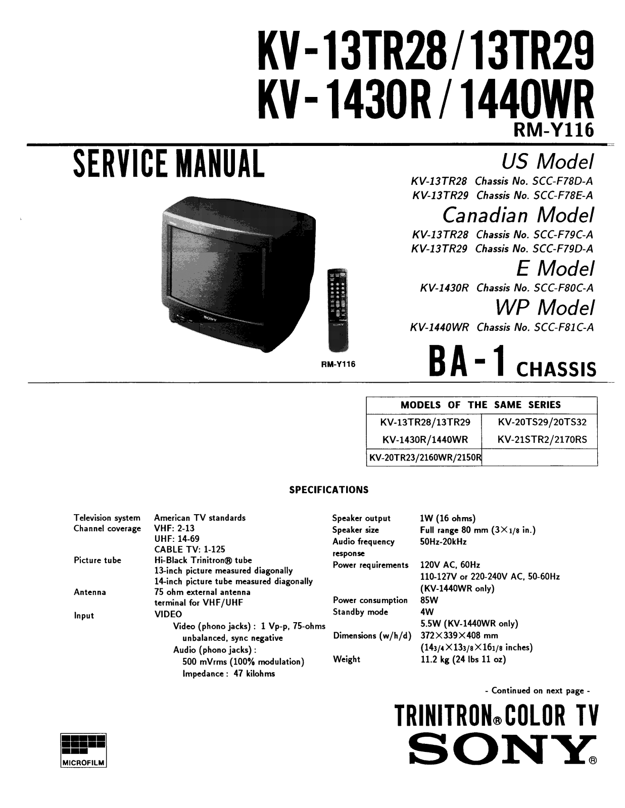 SONY KV1440, KV1430, KV 1440WR, KV-13TR28, KV-13TR29 Service Manual