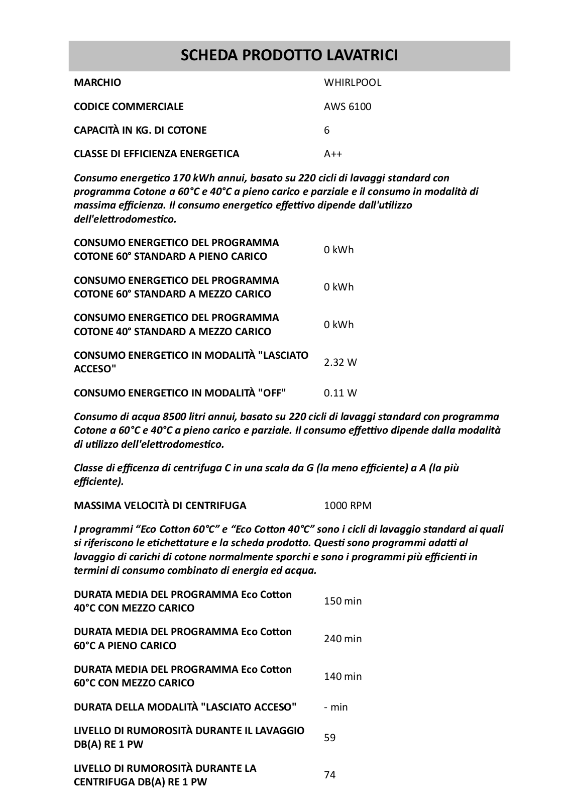 Whirlpool AWS 6100 PRODUCT SHEET