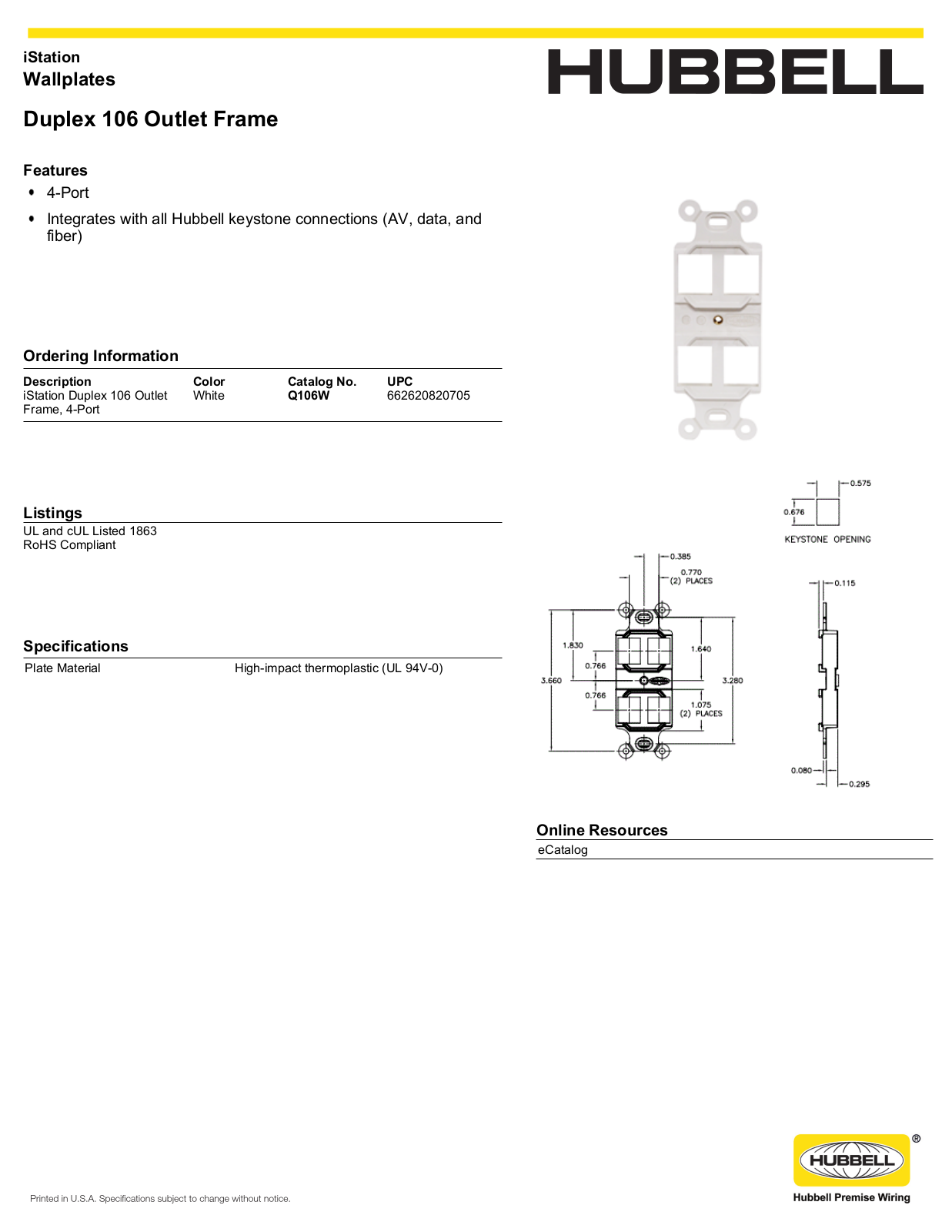 Hubbell Q106W Specifications