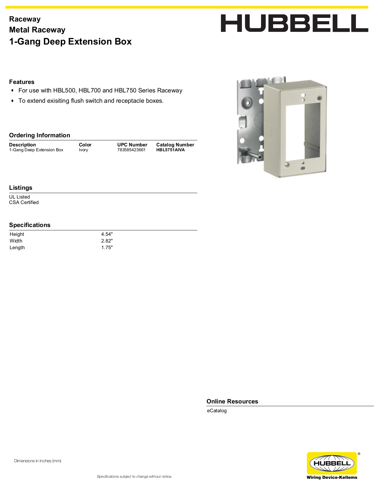 Hubbell HBL5751AIVA Specifications