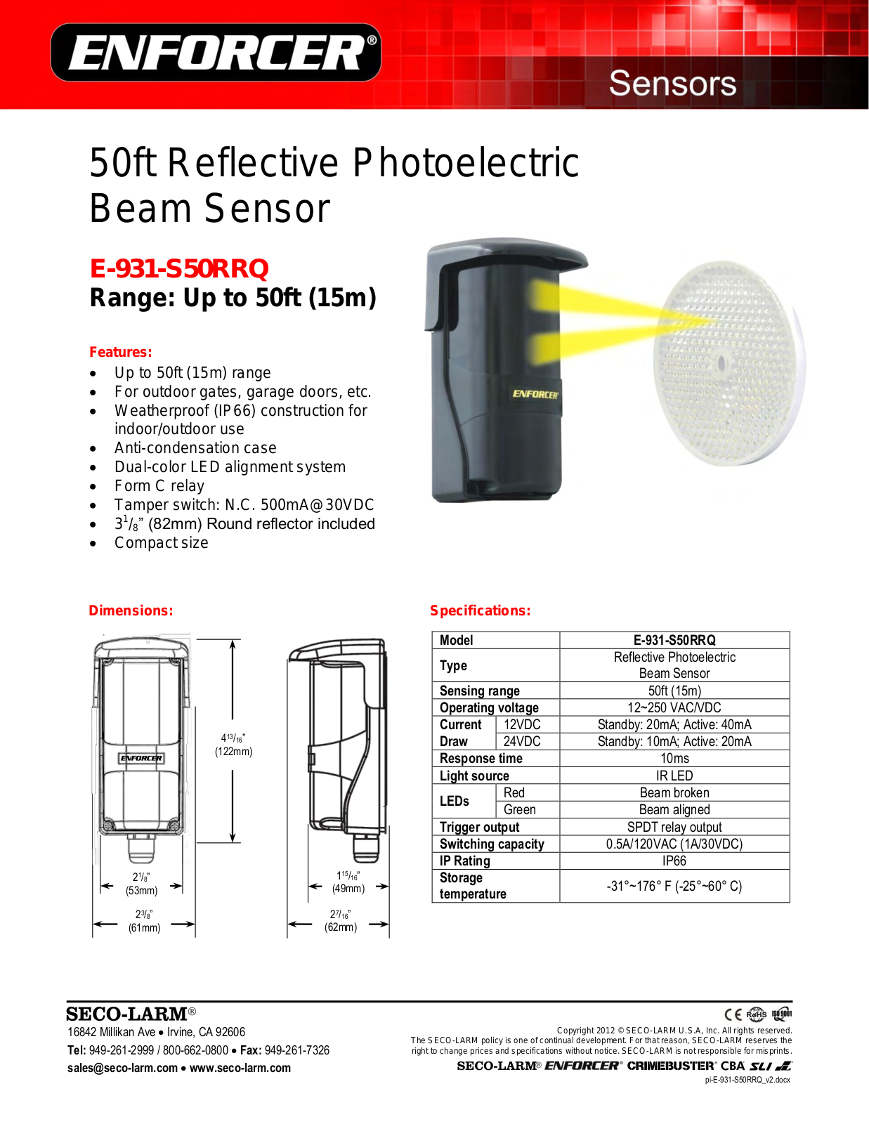 Seco-Larm E-931-S50RRQ Specsheet