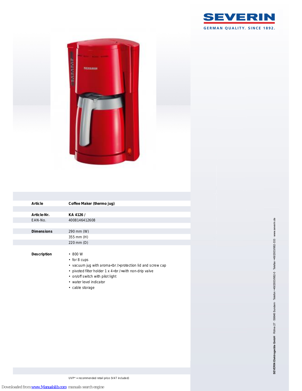 SEVERIN KA 4126,KA 4126 Dimensions