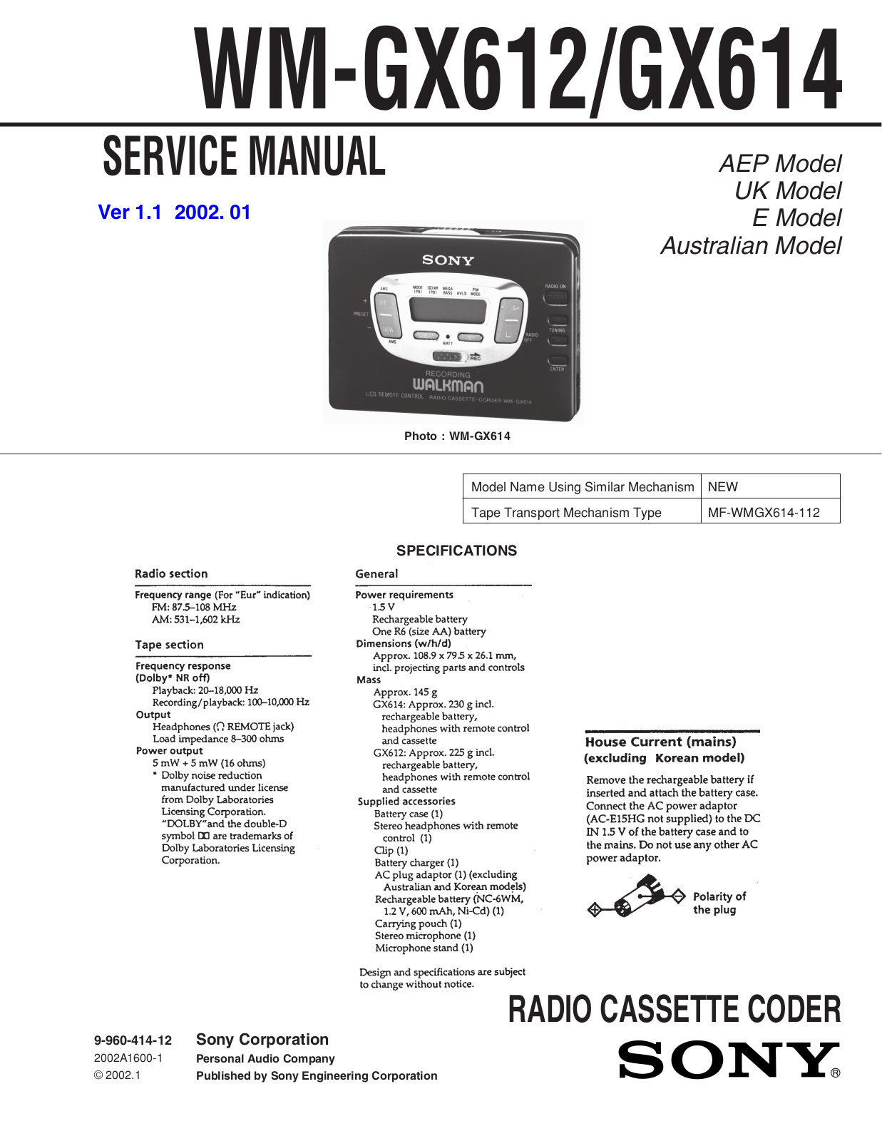 Sony WMGX-612, WMGX-614 Service manual