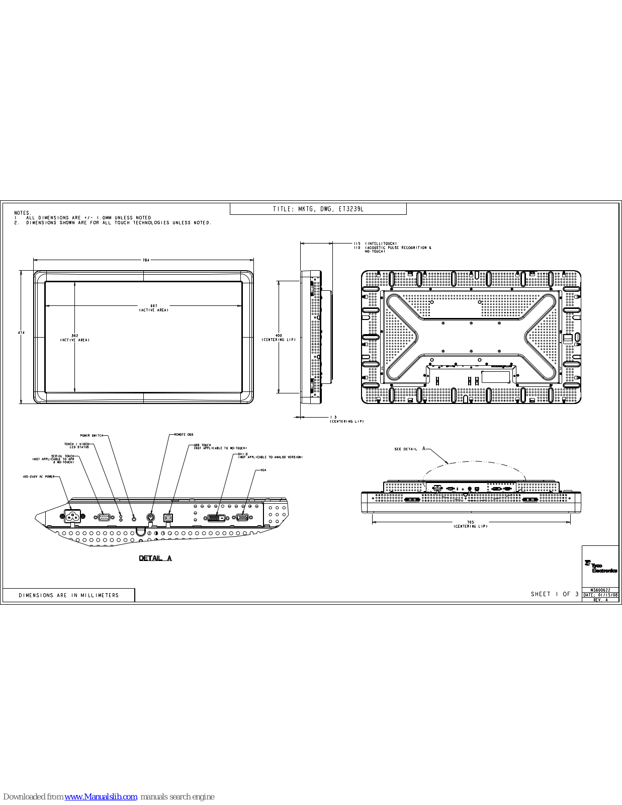 Elo TouchSystems 3239L, MKTG, DWG, ET3239L Product Dimensions