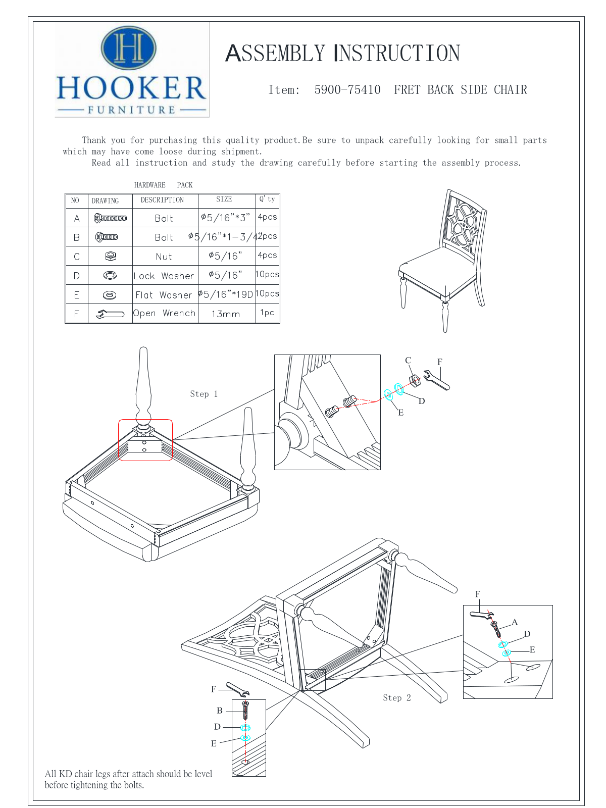 Hooker Furniture 590075410WH Assembly Guide