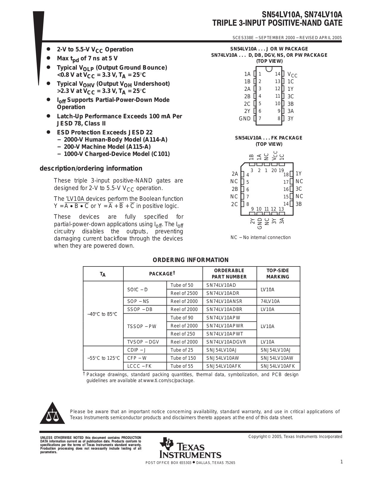 TEXAS INSTRUMENTS SN54LV10A Technical data