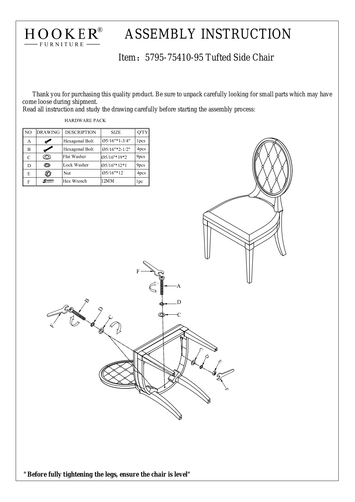 Hooker Furniture 57957541095 Assembly Guide