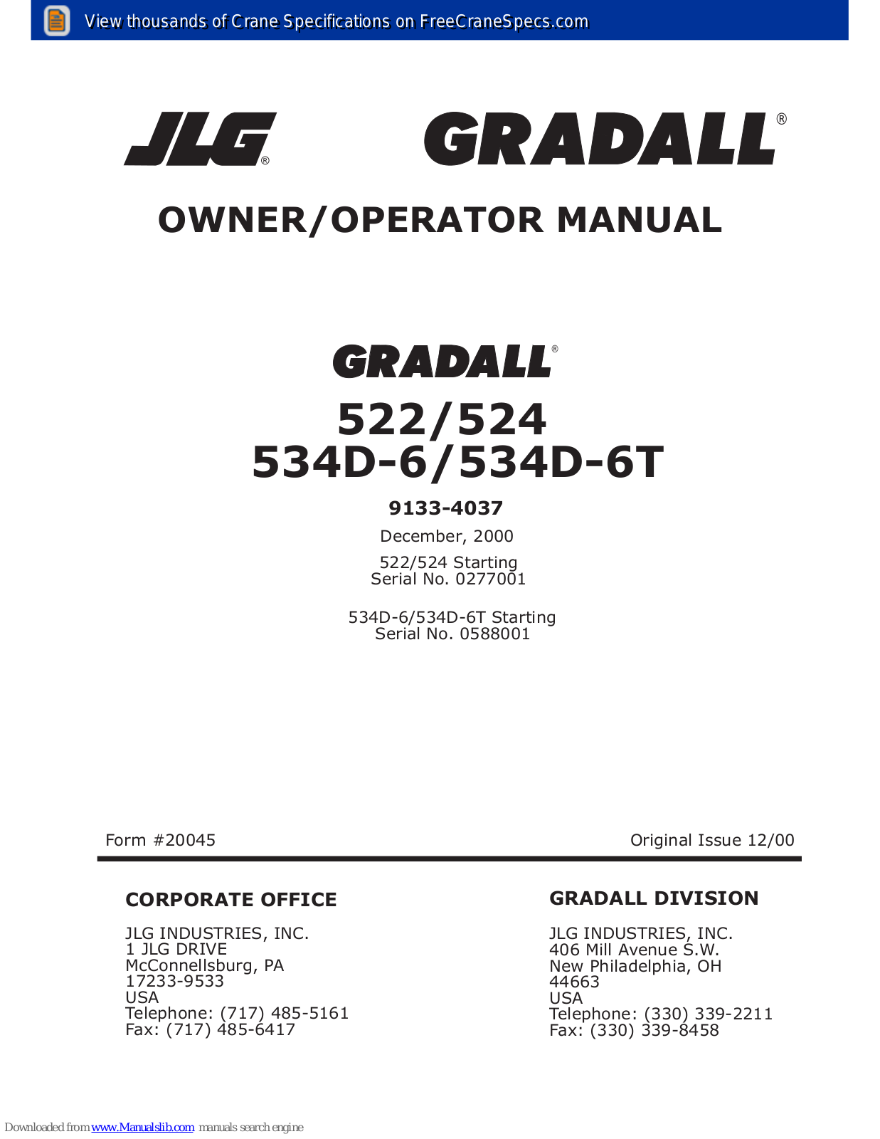 JLG GRADAL 522, GRADAL 524, GRADAL 534D-6, GRADAL 534D-6T Owner's/operator's Manual