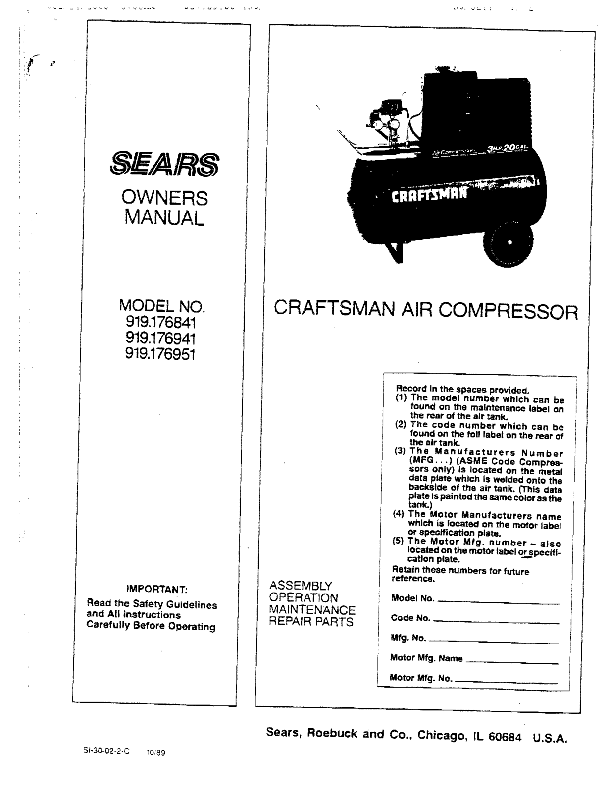 Sears 919.176941, 919.176951, 919.176841 User Manual