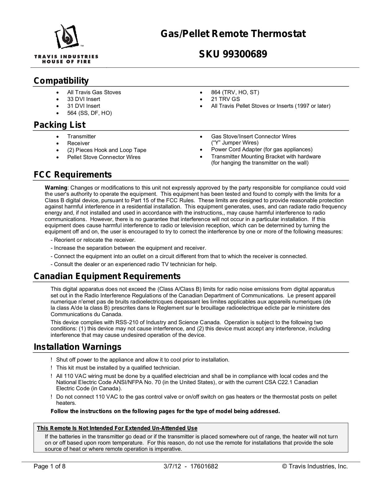 Avalon Firestyles Gas Pellet Remote Thermostat User Manual