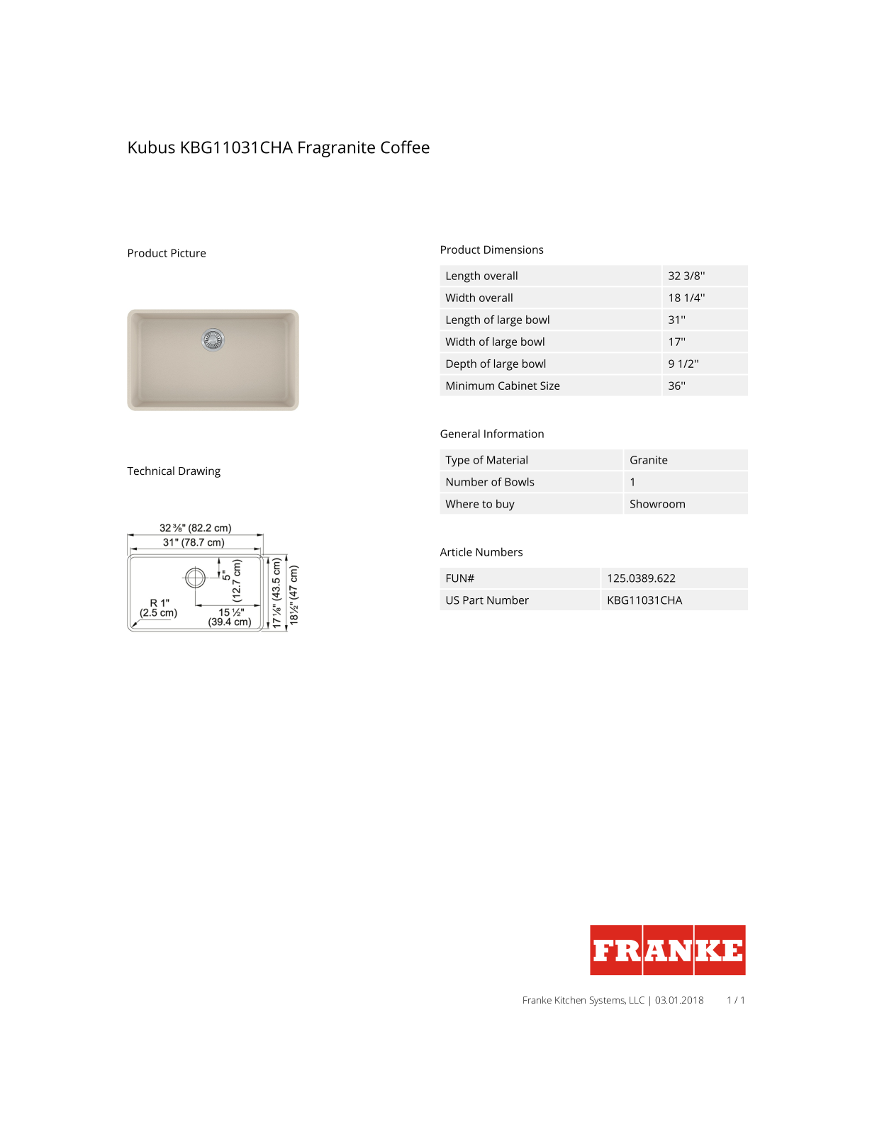 Franke KBG11031CHA Specs