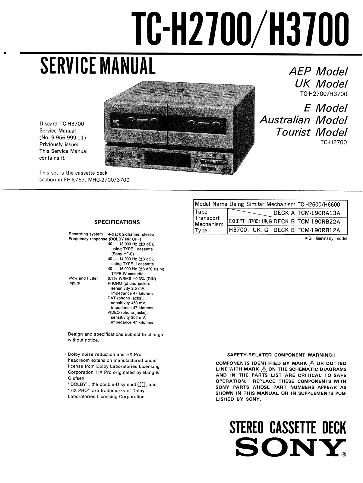 Sony TCH-3700 Service manual