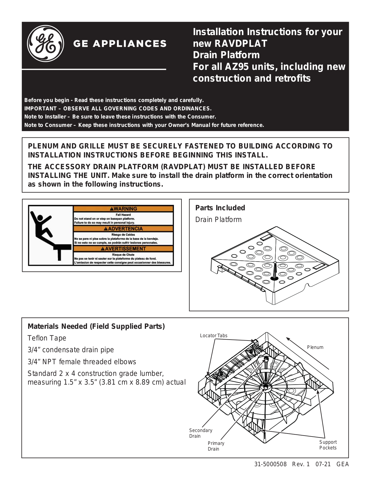 GE RAVDPLAT Installation Instructions