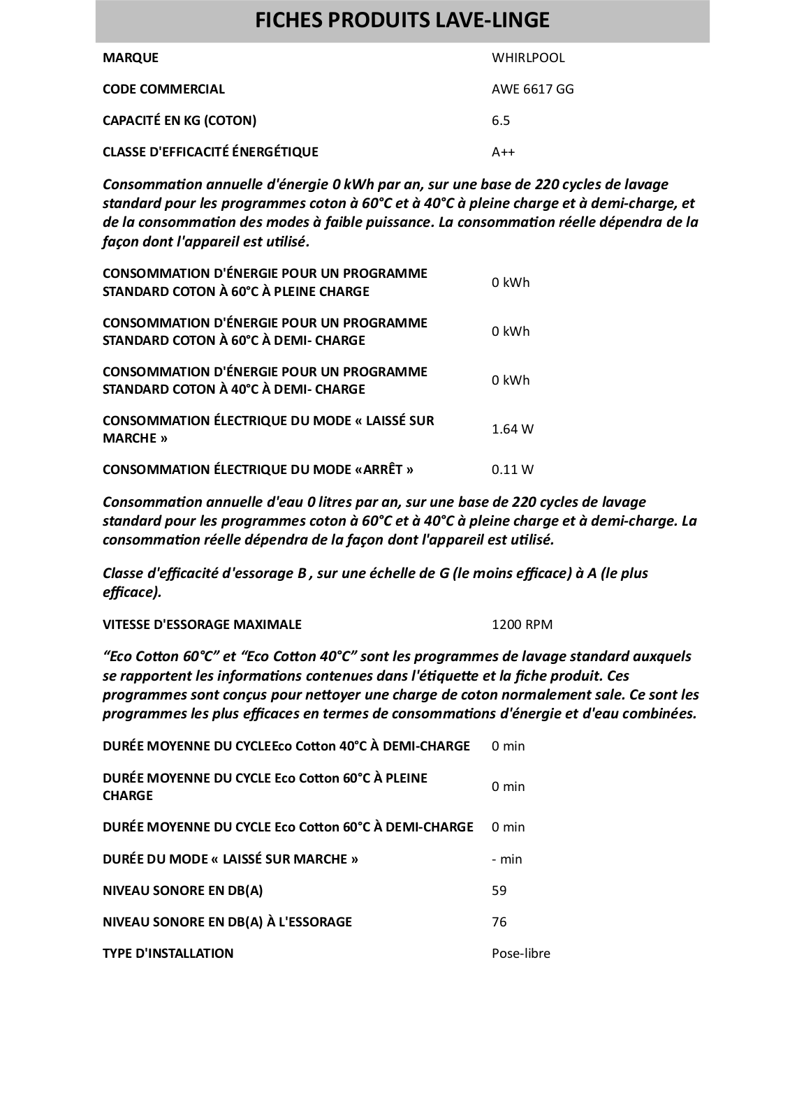 Whirlpool AWE 6617 GG PRODUCT SHEET