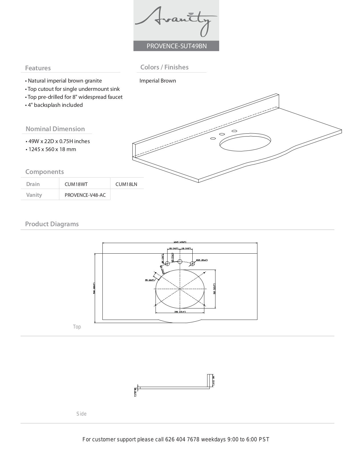 Avanity PROVENCESUT49BN Specifications