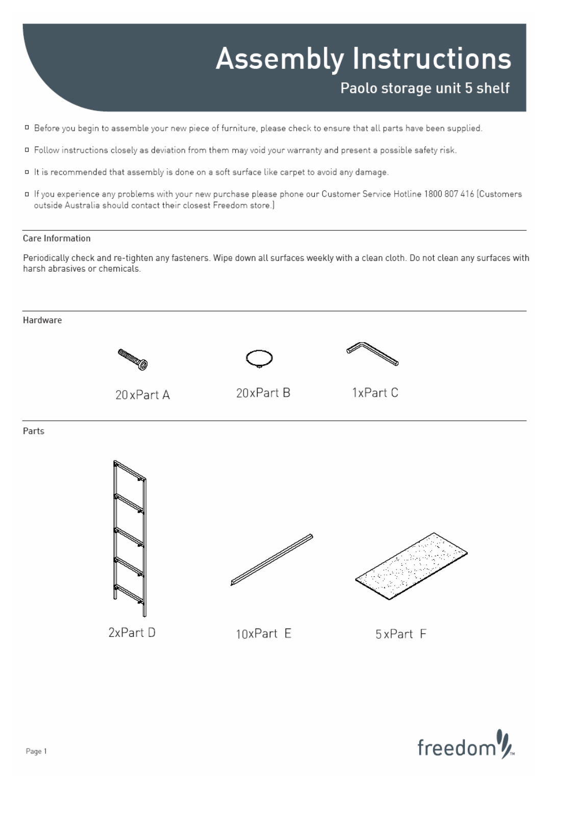 Freedom Paolo Storage Unit 5 Shelf Assembly Instruction