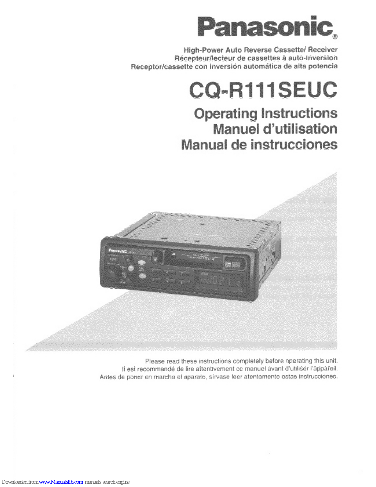 Panasonic CQ-R111U, R111U - Radio / Cassette Player, CQ-R111SEUC Operating Instructions Manual