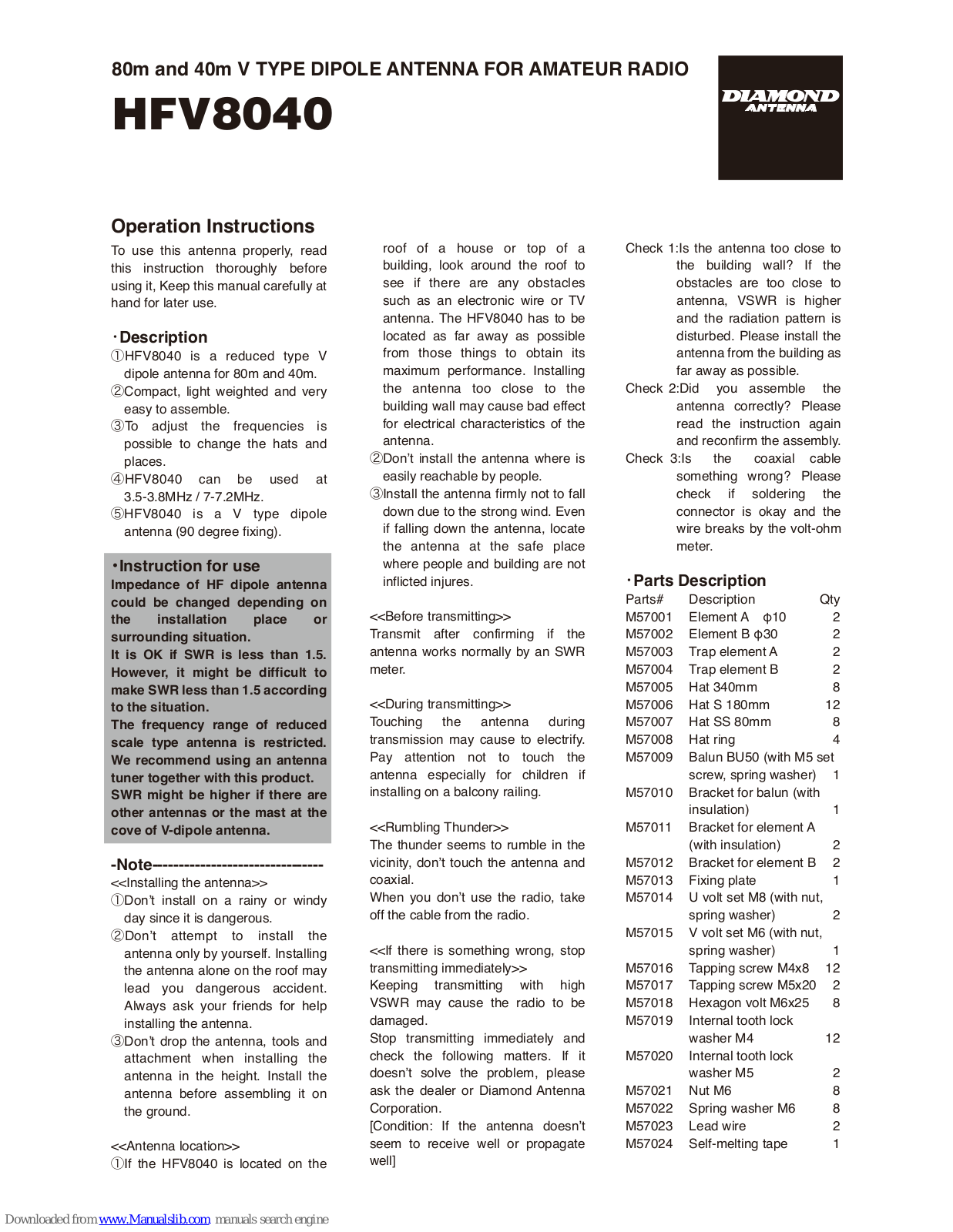 Diamond Antenna HFV8040 Operation Instructions Manual