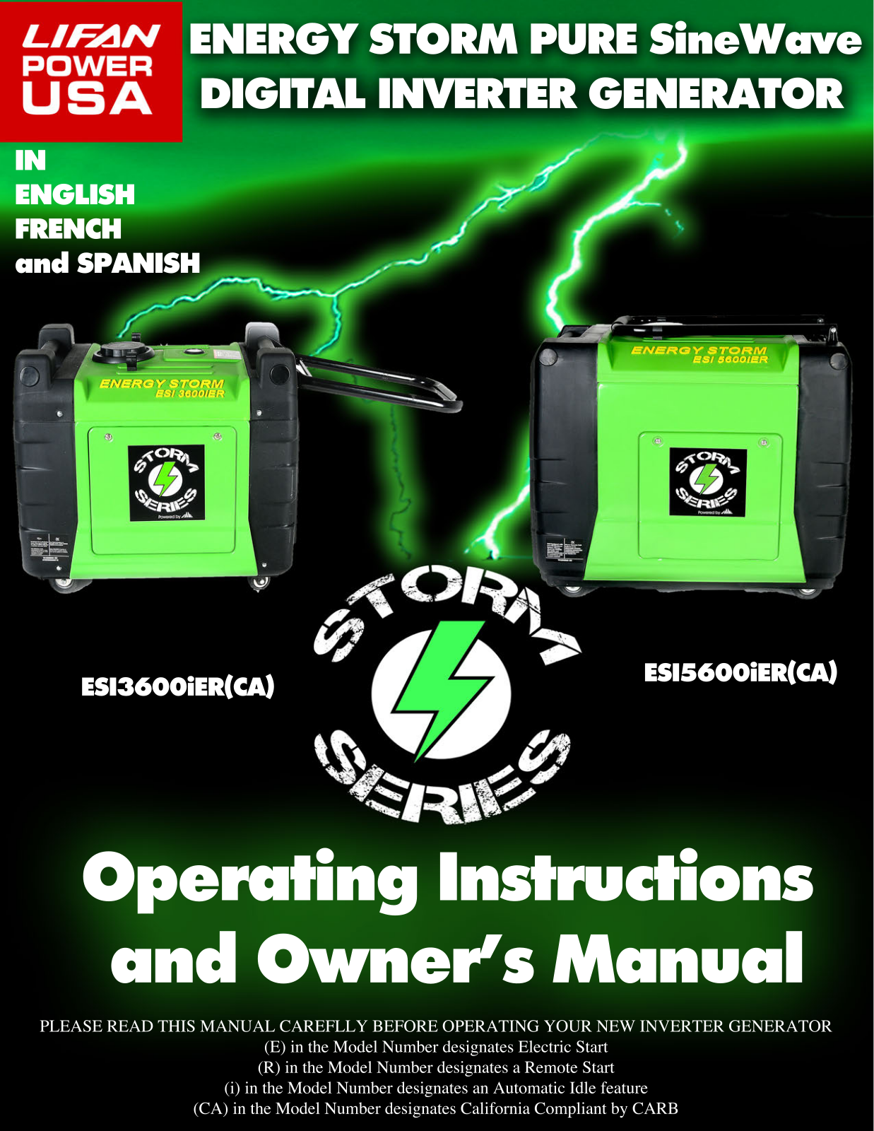 Lifan ESI3600iER, ESI3600iER-CA, ESI5600iER, ESI5600iER-CA Operating Instructions And Owner's Manual