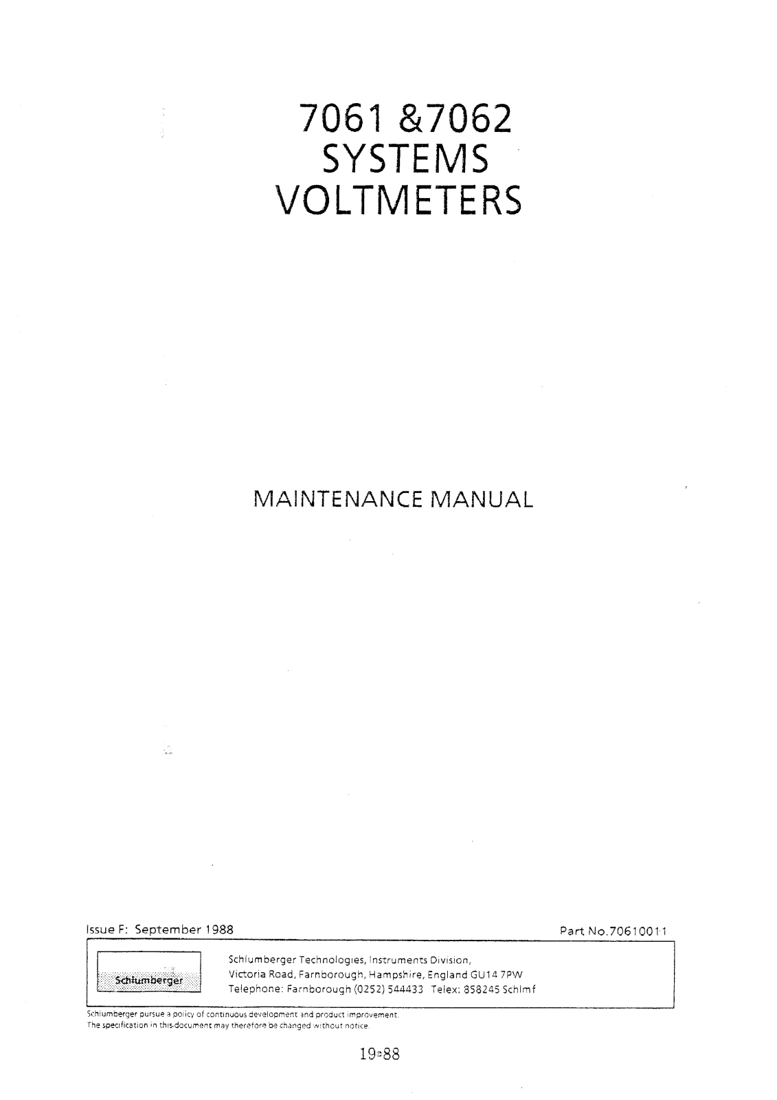 Schlumberger 7061, 7062 Service Manual