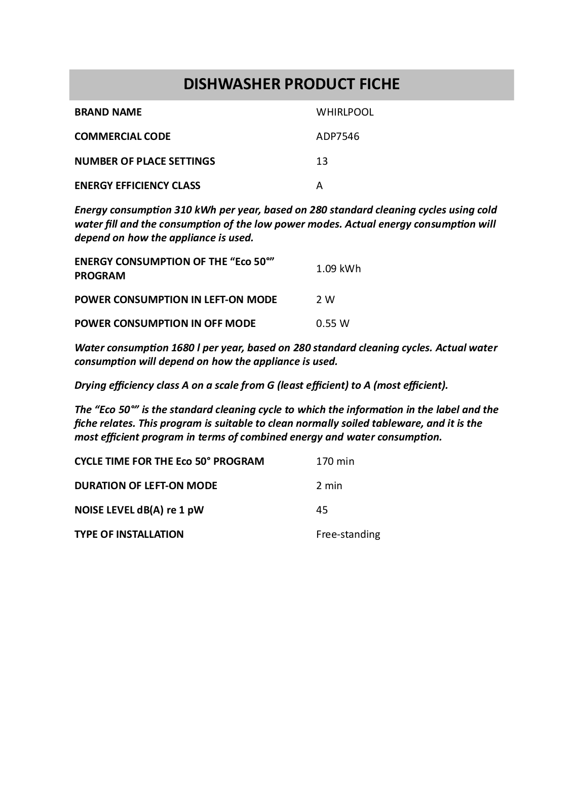 Whirlpool ADP7546, ADP 4600 SI, WTV45972 NFC IX Product Sheet