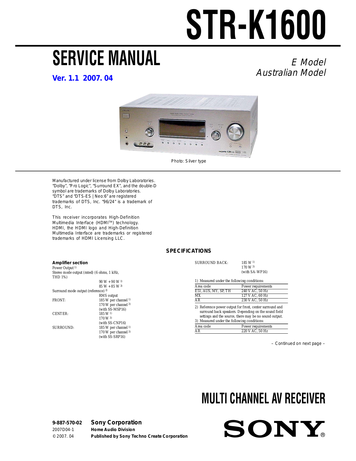 Sony STR-K1600 Service Manual