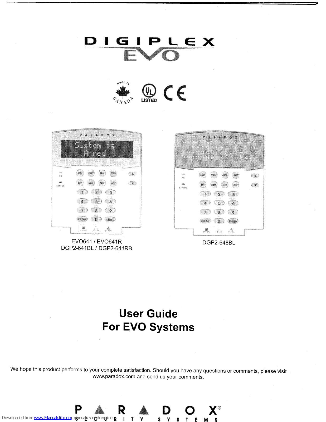 Paradox EV0641, EV0641 R, DGP2-641 BL, DGP2-641 RB, DGP2-648BL User Manual - ManualMachine.com