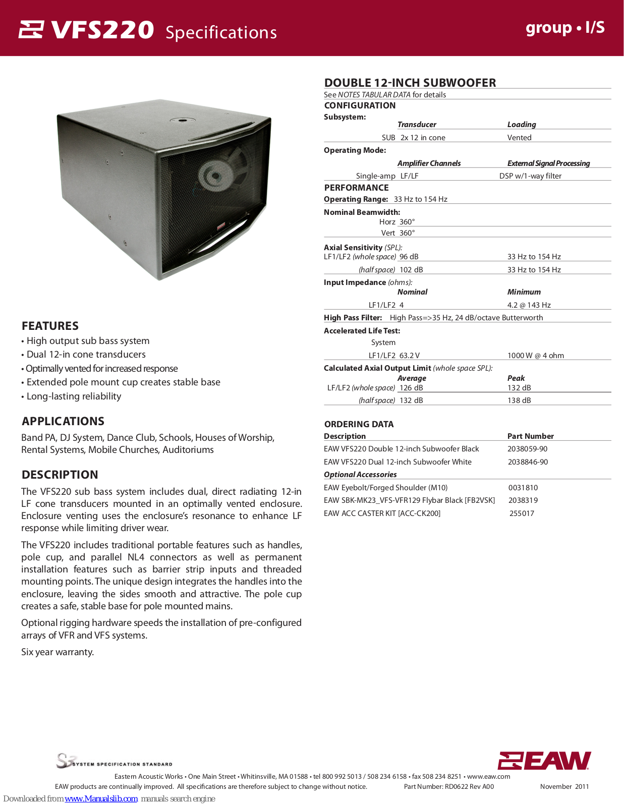 EAW VFS220 Specifications