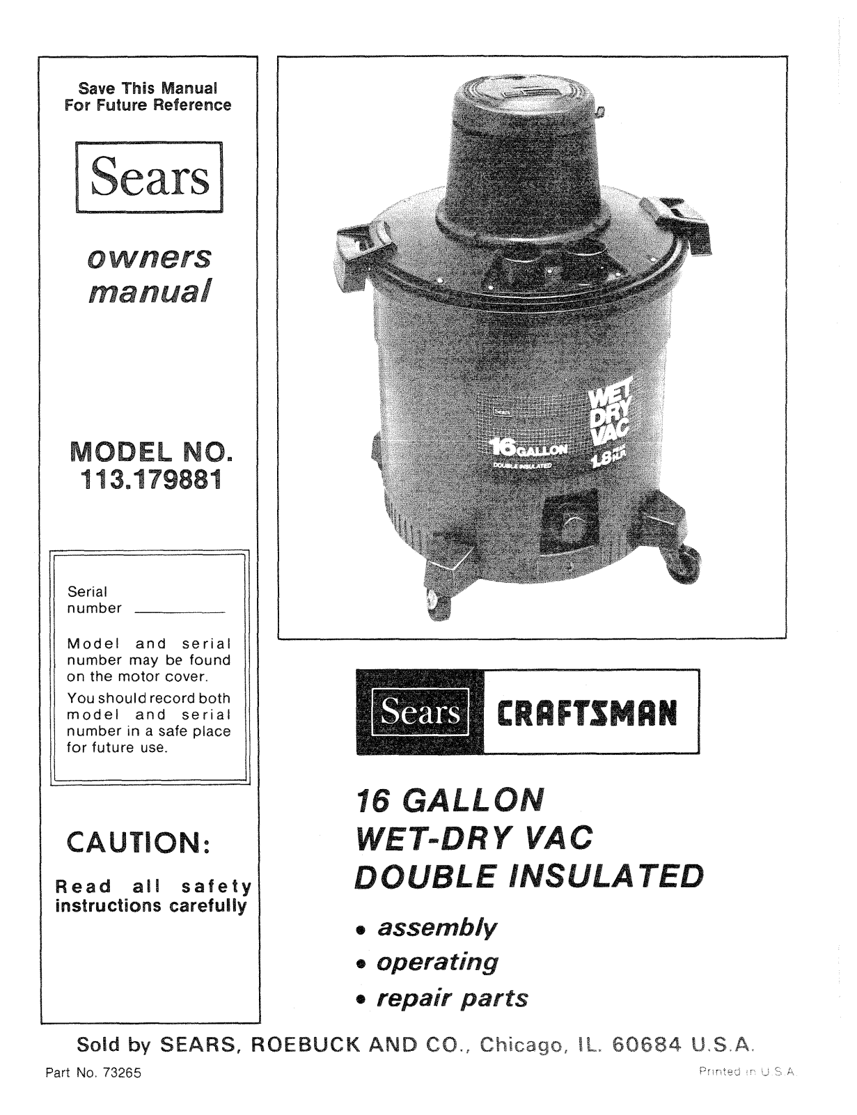 Craftsman 113179881 Owner’s Manual