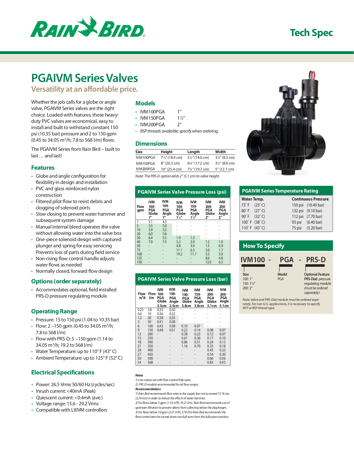 Rain Bird IVM100PGA, IVM150PGA, IVM200PGA Specifications