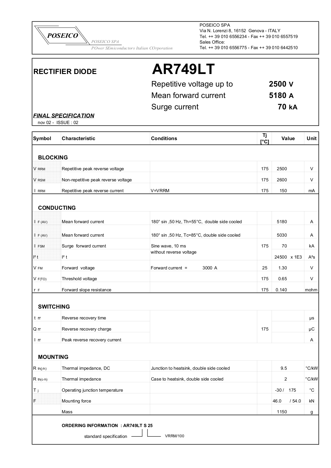 POSEICO AR749LTS25 Datasheet