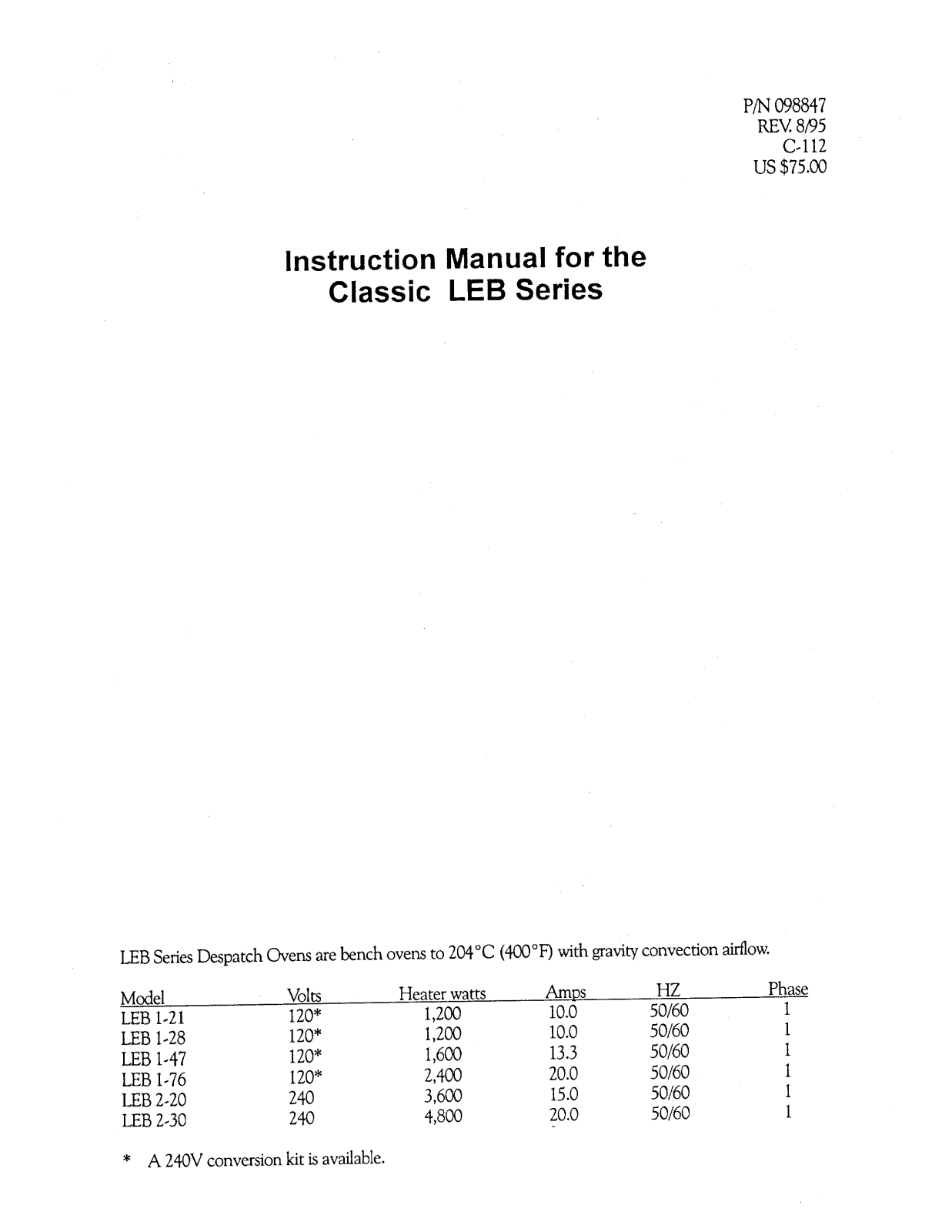 Despatch LEB1-21-4, LEB 1-21 Installation  Manual