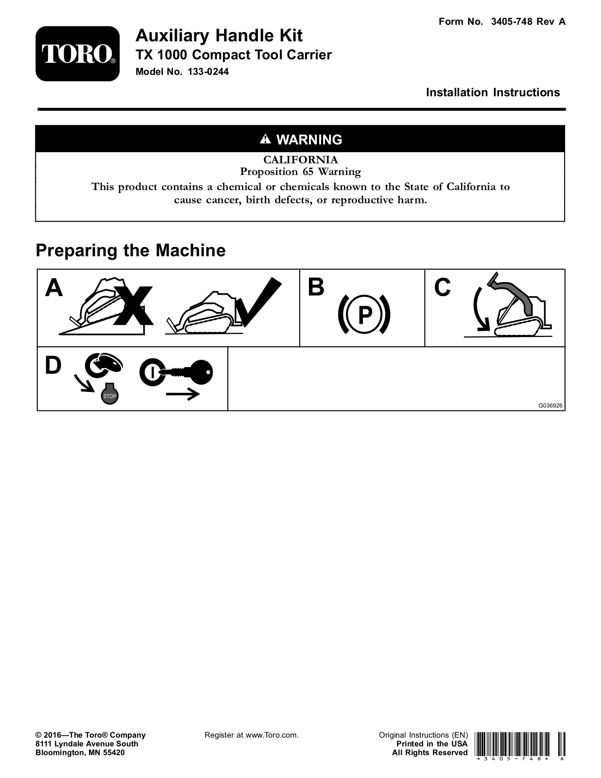 Toro 133-0244 Installation Instructions