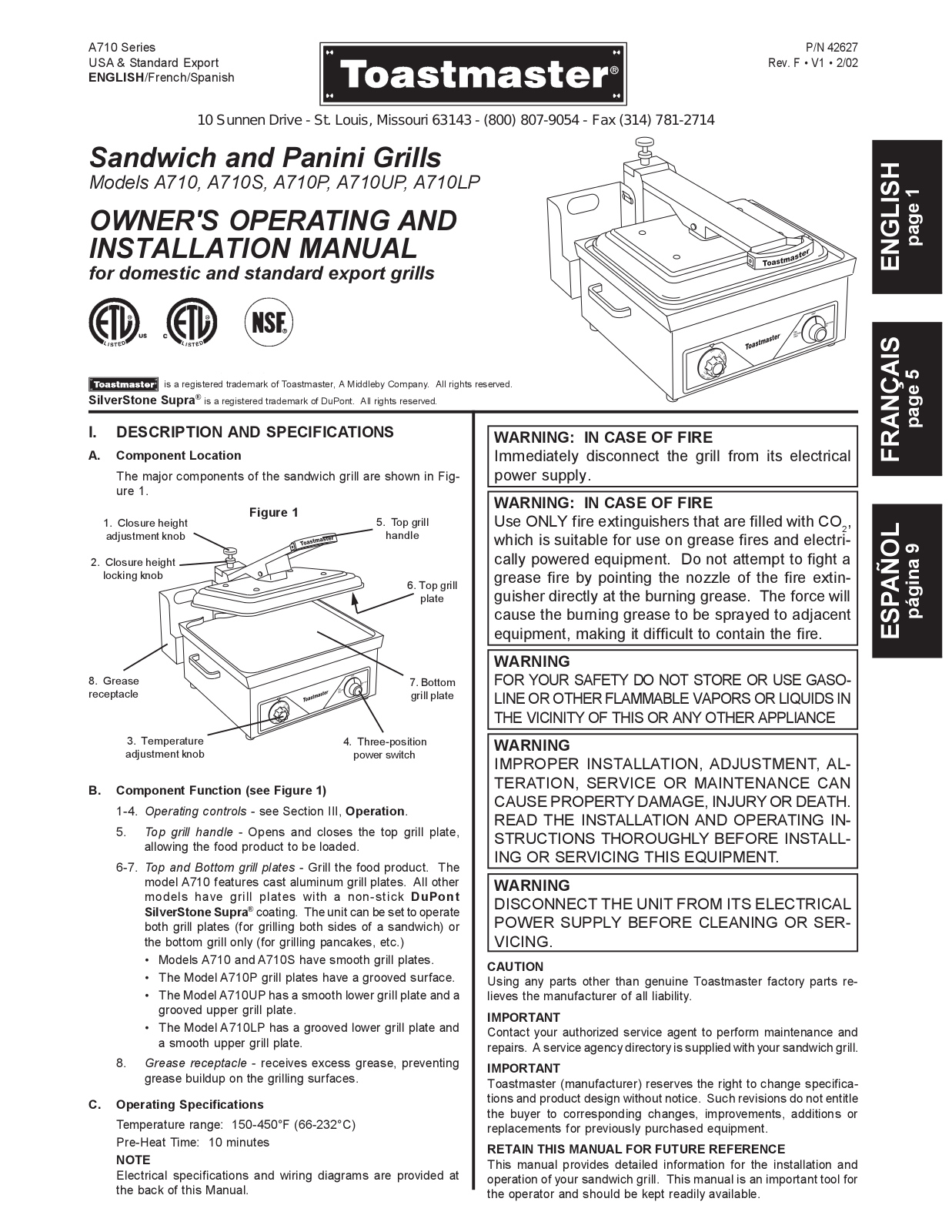 Toastmaster A710S, A710P, A710UP, A710LP Operation Manual