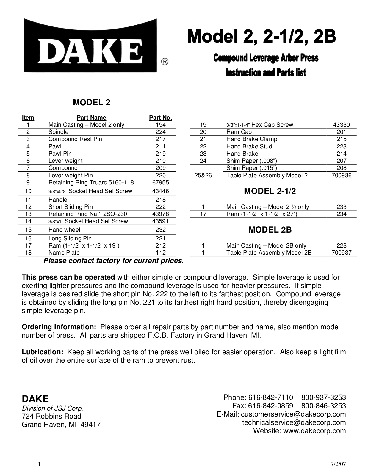 Dake 2, 2-1/2, 2B User guide