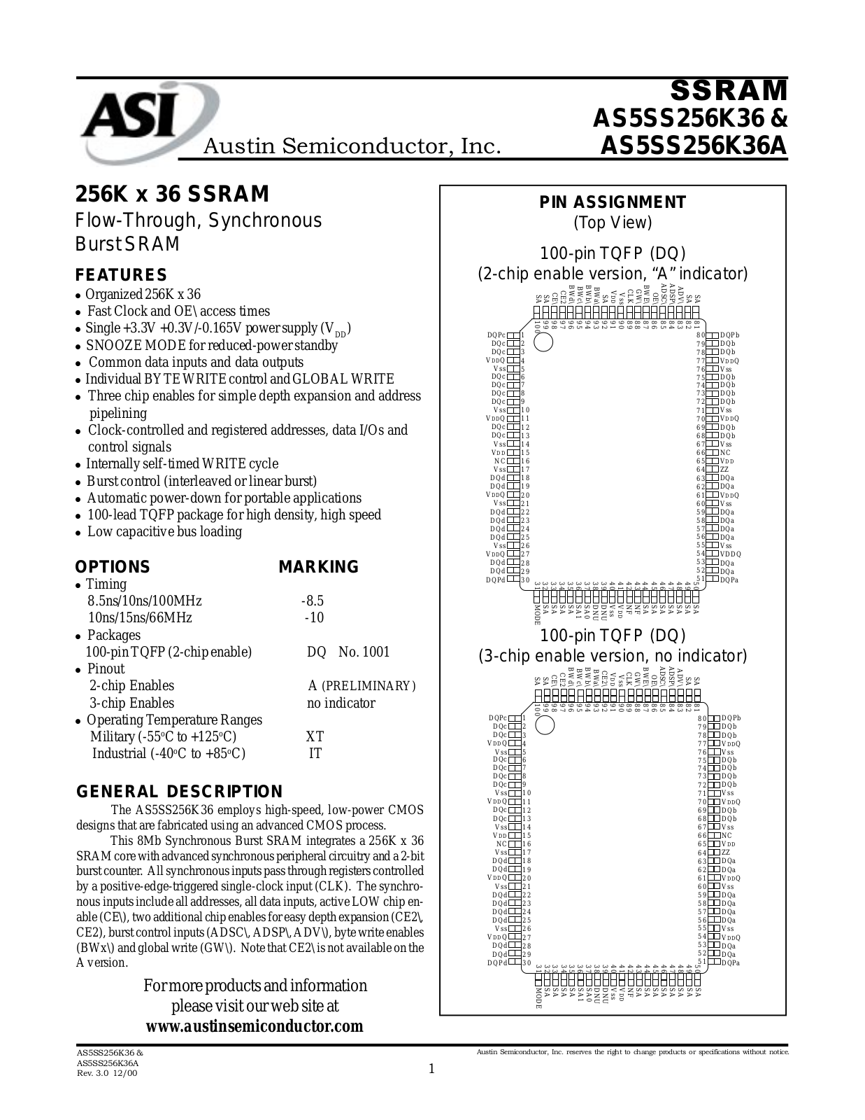 AUSTN AS5SS256K36ADQ-8.5-XT, AS5SS256K36ADQ-8.5-IT, AS5SS256K36ADQ-10-XT, AS5SS256K36ADQ-10-IT, AS5SS256K36ADQ-10-883C Datasheet