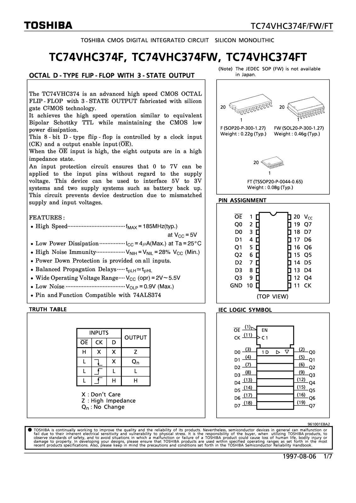 Toshiba TC74VHC374FT Datasheet