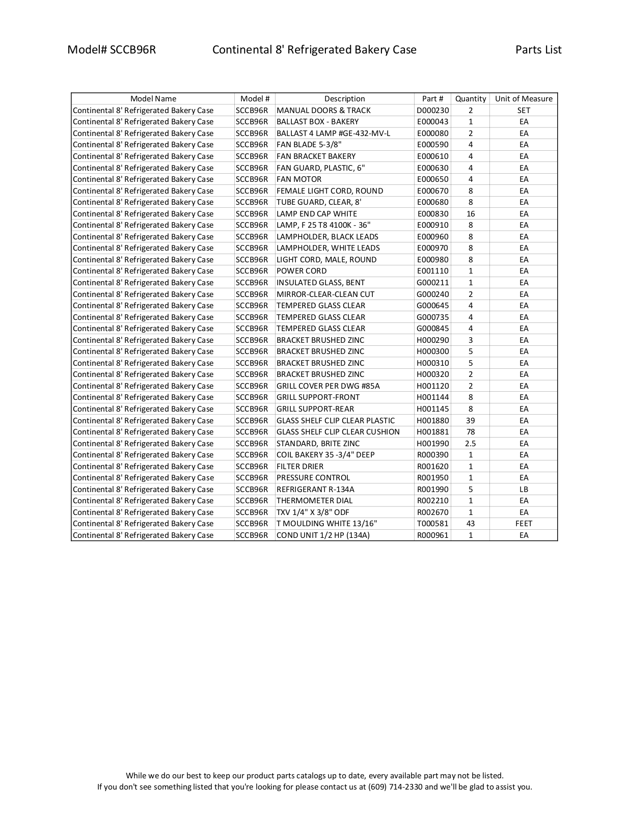 RPI Industries SCCB96R Parts List