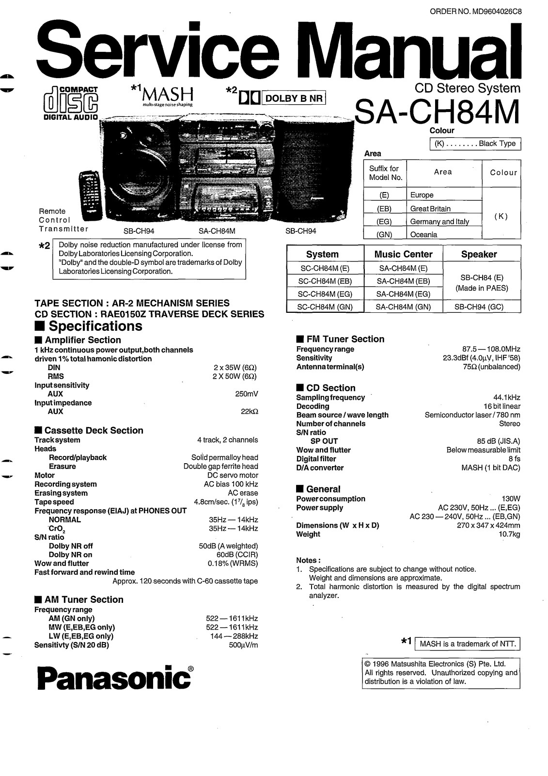 Panasonic SA CH84M Service Manual