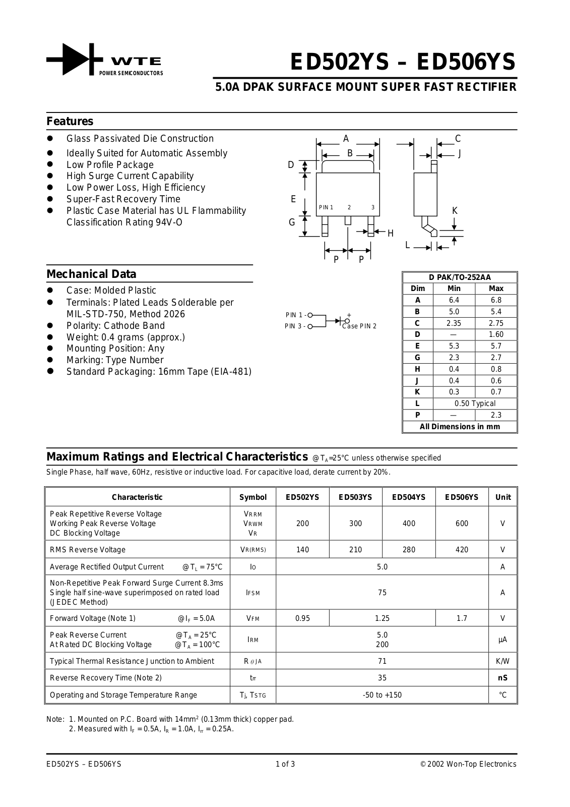 WTE ED506YS-T3, ED502YS-T3, ED504YS-T3, ED503YS-T3 Datasheet