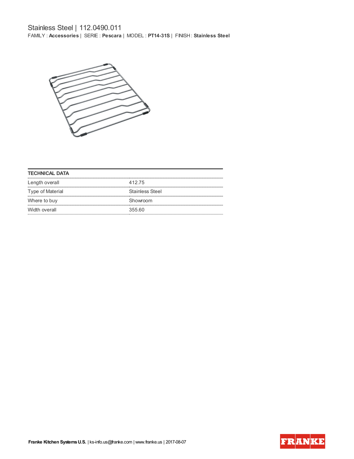 Franke PT14-31S Specification Sheet