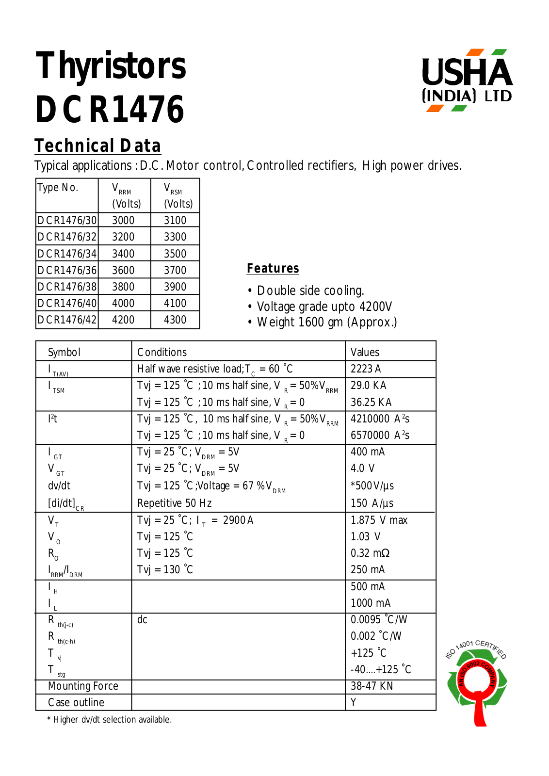 USHA DCR1476-42, DCR1476-40, DCR1476-38, DCR1476-36, DCR1476-34 Datasheet