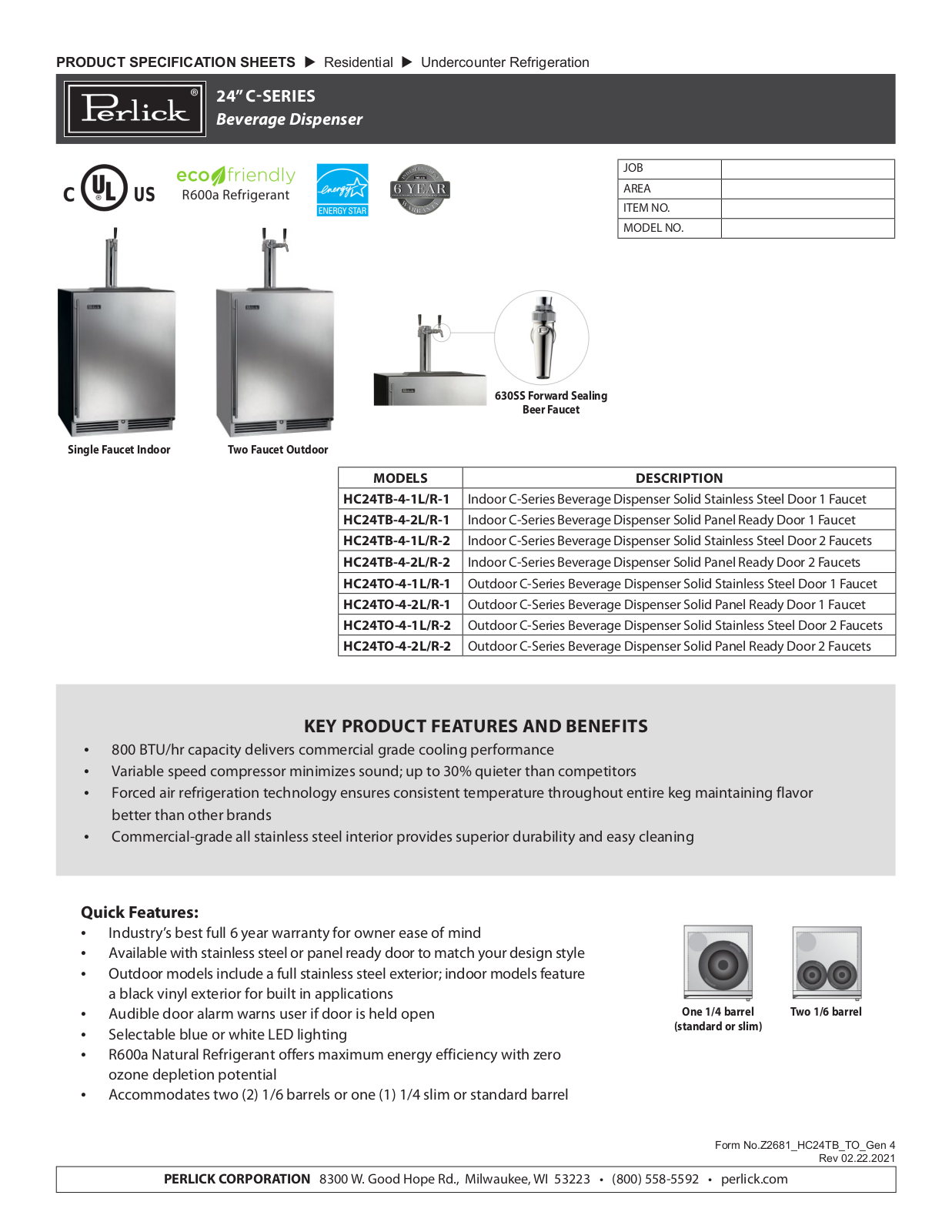 Perlick HC24TB-4-1R1, HC24TB-4-1L-1, HC24TB-4-2L-1, HC24TB-4-1L-2, HC24TB-4-2L-2 Specification Sheet